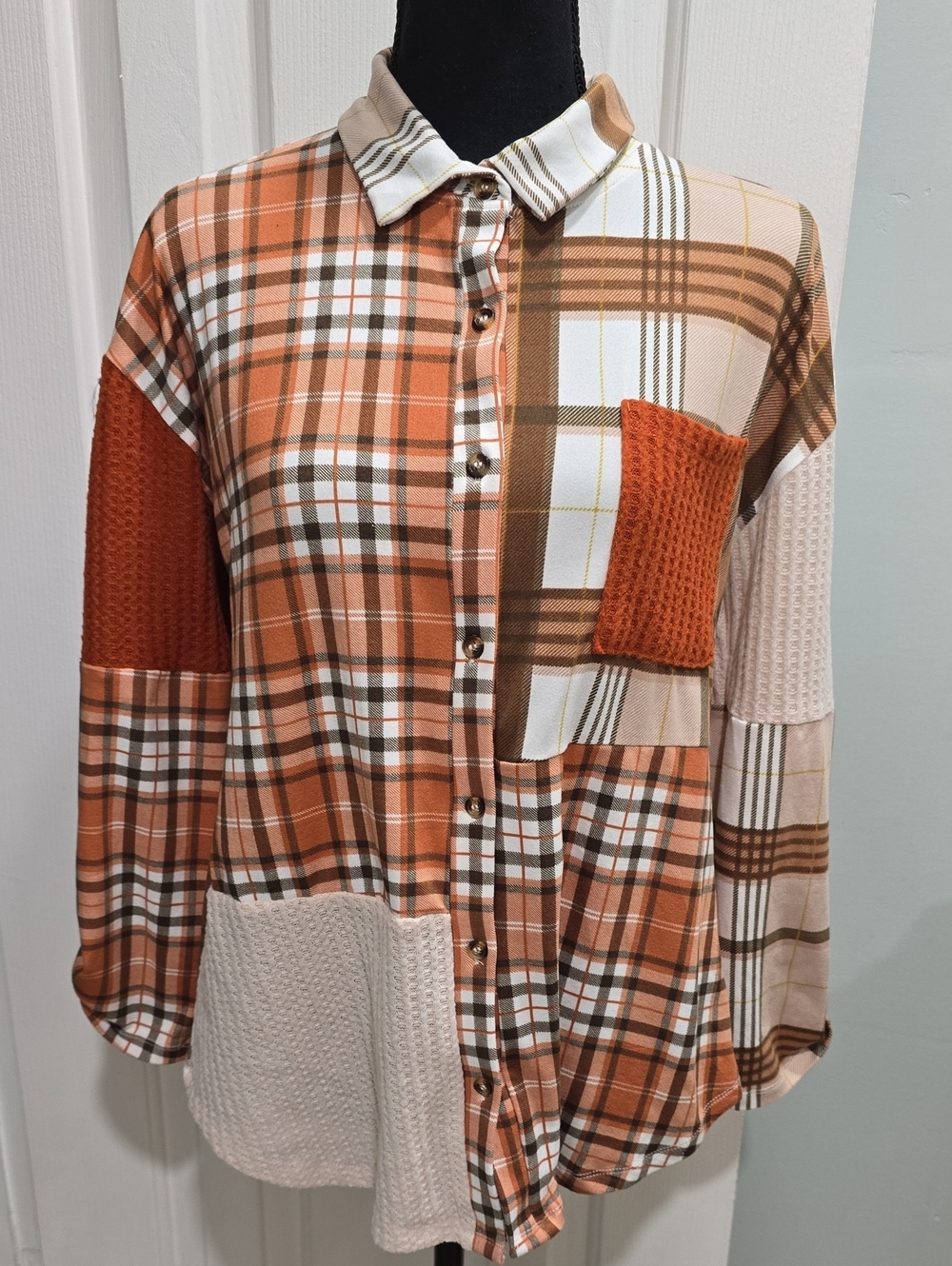 Above and Beyond Orange Plaid Patchwork Button-Up Shirt-Size M